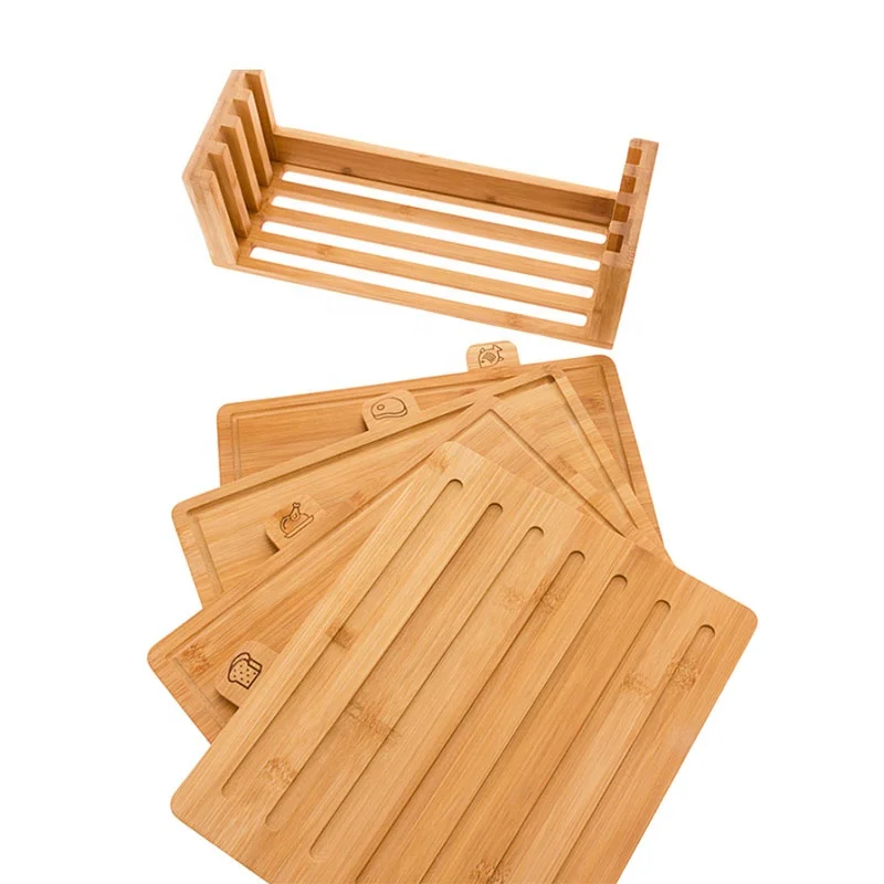 Kitchen holder Bread Meat Chicken and Fish Bamboo Index Cutting Board Set 4 Piece All Natural Wood Chopping Board with Stand