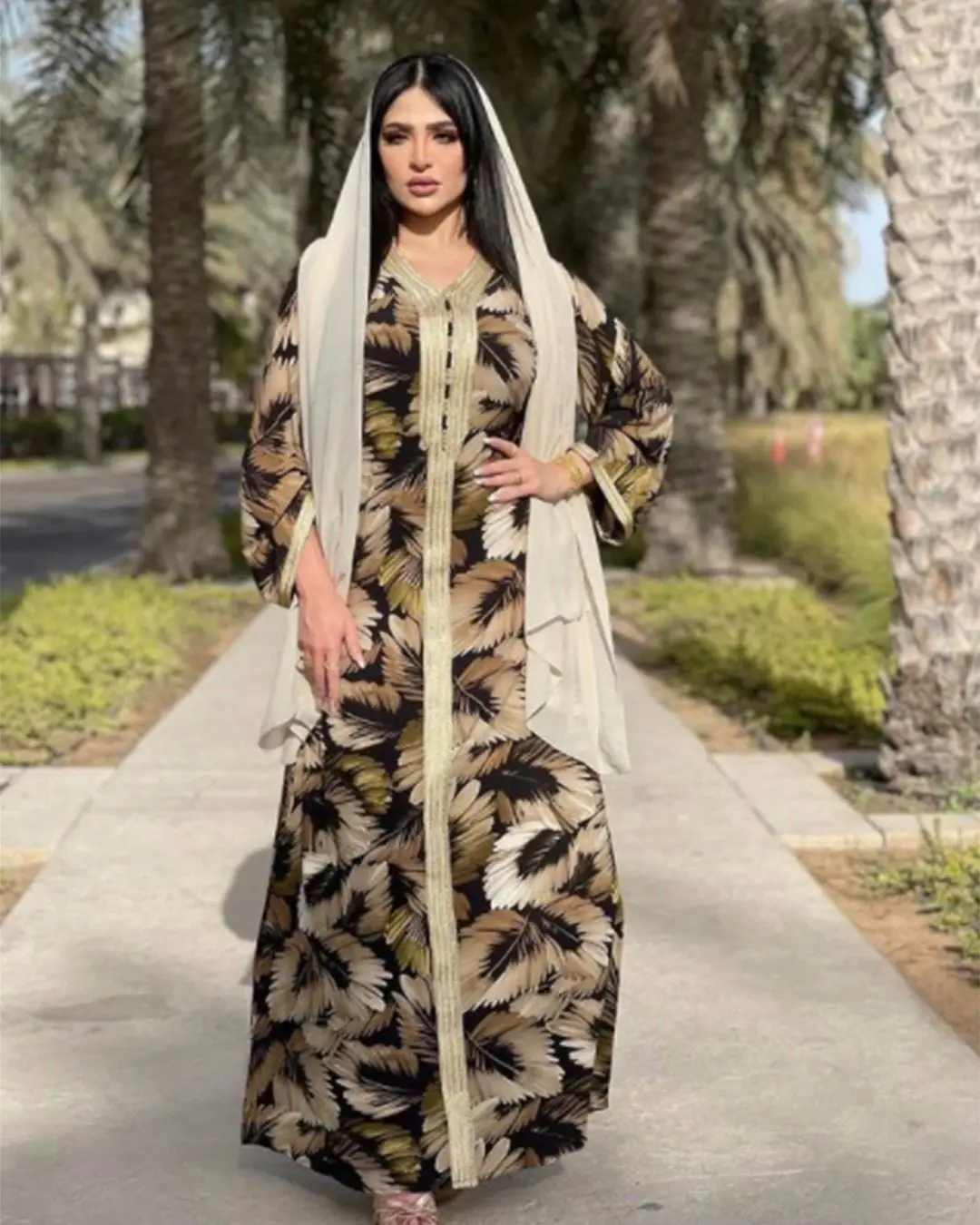 High Quality Wholesale Turkish Dubai Kaftan Long Batwing Flower printed Muslim Dress Women Abaya Islamic Clothing