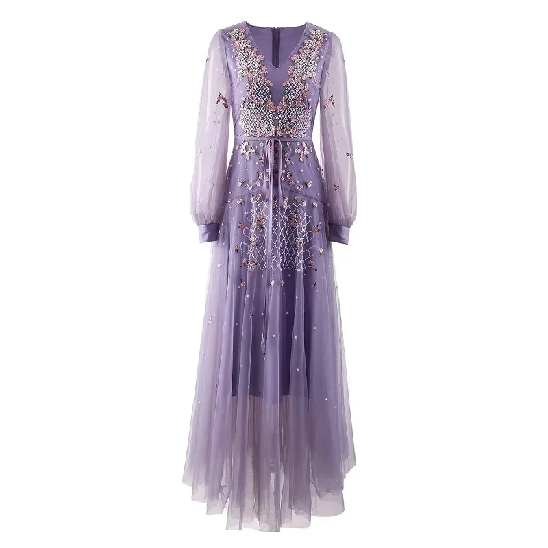XXL Vintage Floral Embroidered Maxi Dress with Long Sleeves for Women Luxurious Sequined V-Neck for Wedding Parties Purple Color
