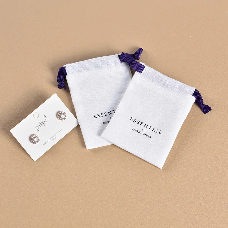 Custom Logo Printed Canvas Linen Jewelry Pouch Eco Friendly Gift Drawstring Pouch Organic Small Cotton Linen Drawstring Bag