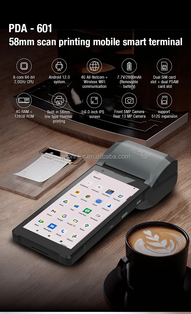 Wireless 2D Barcode Scanner Android 12.0 Handheld Industrial Mobile Fingerprint Reader NFC PDA Terminal with Thermal POS Printer