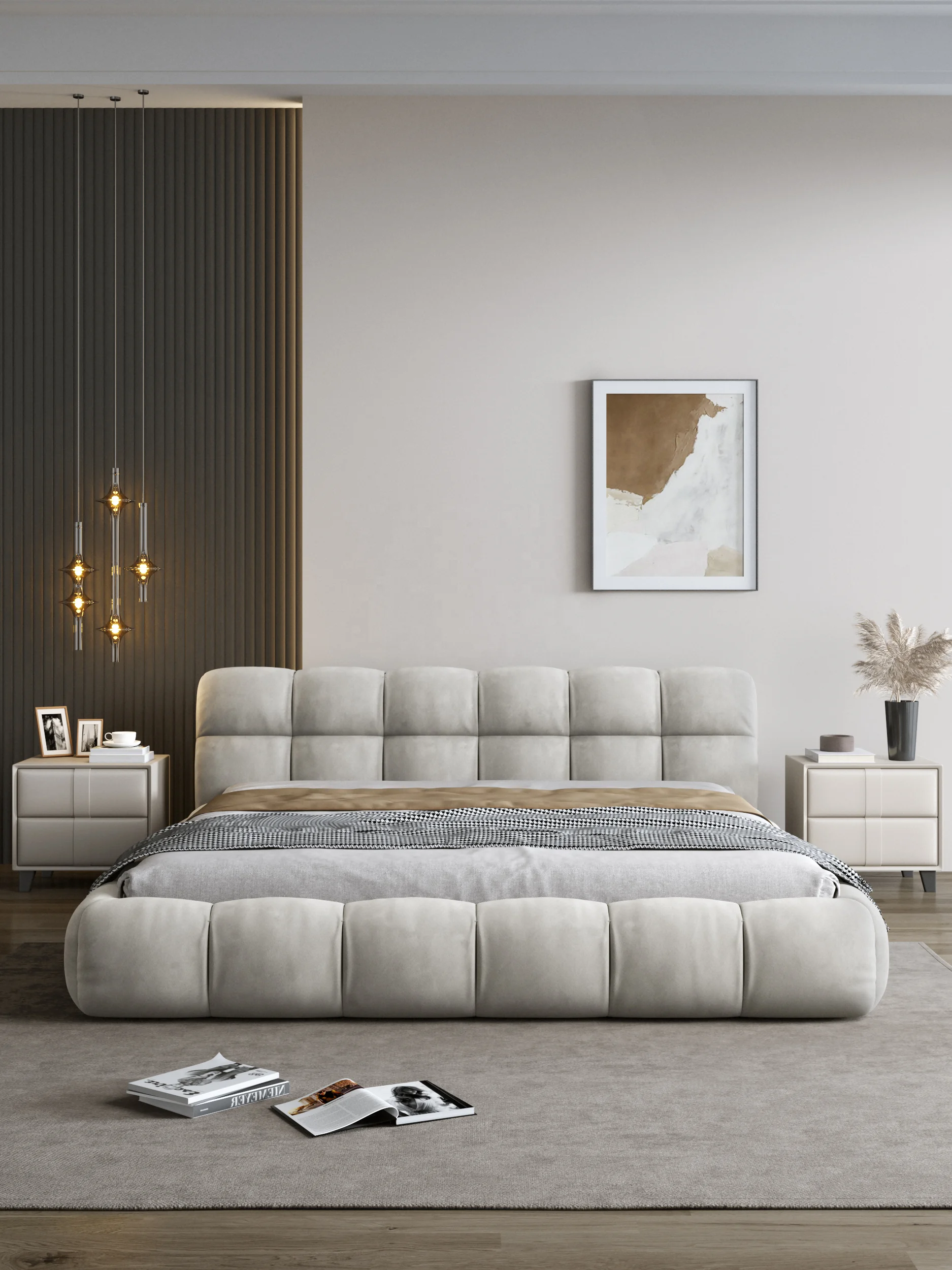 Tech Fabric Up-Holstered Cloud Beds Custom Light Luxury King Size Bedding Frame Gas Lift Storage Bed Set with Bedside Table