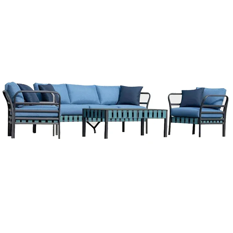 Custom patio garden blue 4 piece outdoor sofa seating set with tempered glass table