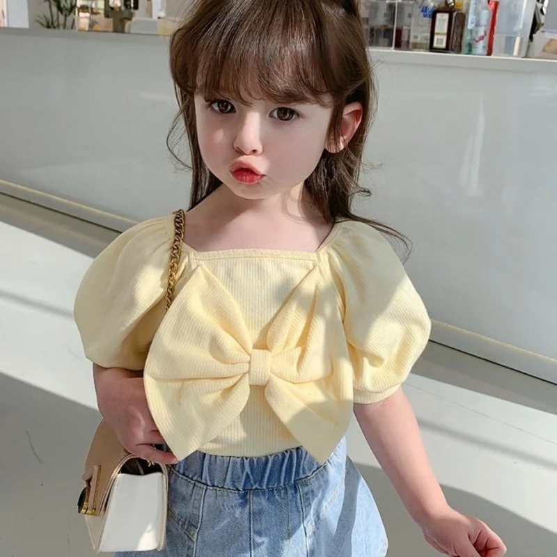 Ribbed Baby Girls Puff Sleeve T Shirts Tops Children Cotton Clothes Summer Toddler Big Bownot Korean Kids Blouse