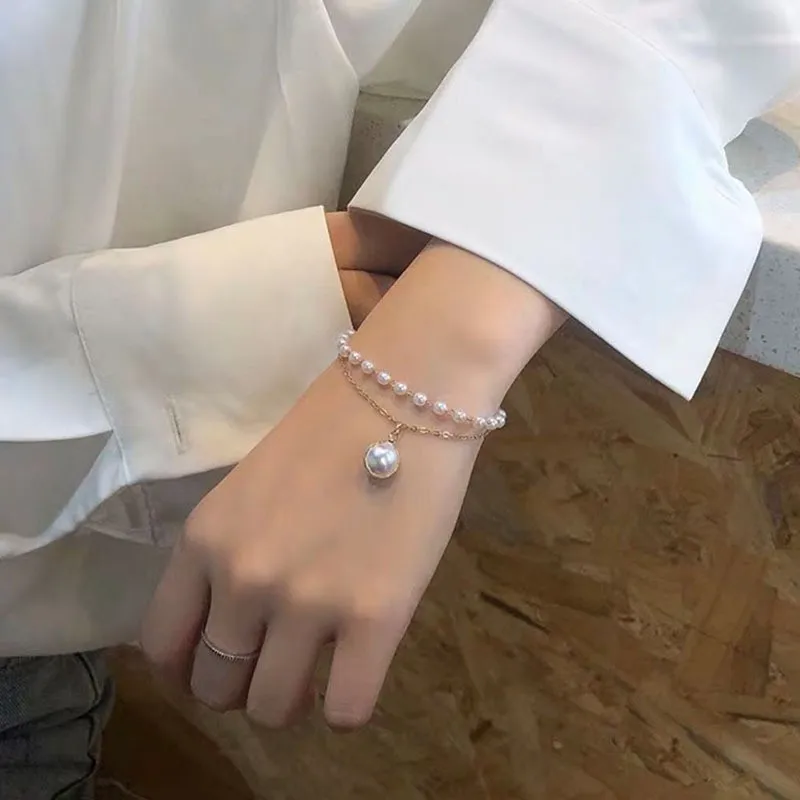 New hot sale women fashion jewelry white imitate pearl double chain bracelet