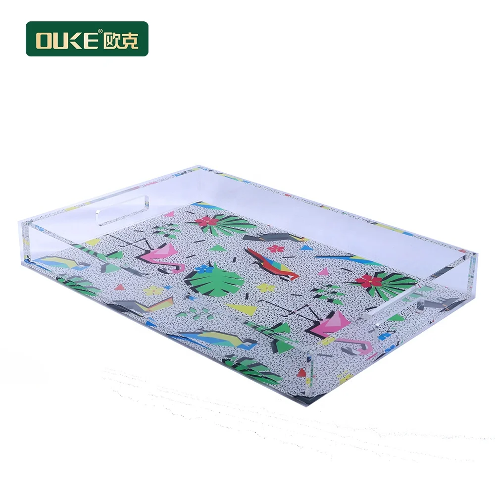 Luxury design large rectangular handled acrylic serving trays with insert promotional
