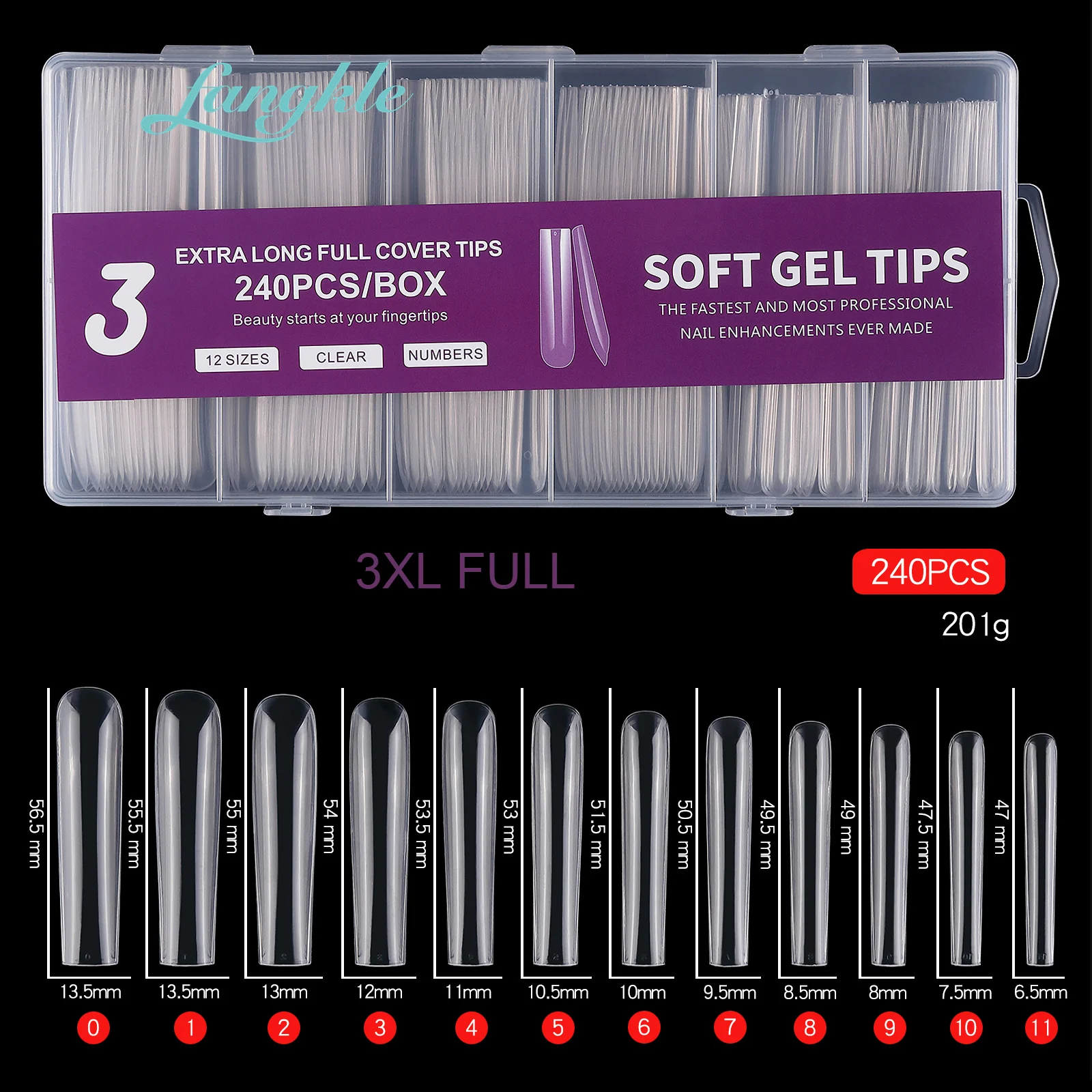 Fangkle Wholesale hotselling soft gel 240  3 XXL c curve long  coffin nail tips in China