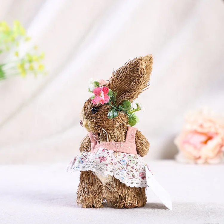 Easter Straw Bunny Figurine Ornament Creative Straw Rabbit Doll with Flower Wreath Apron Standing Figurines Holiday Party Home