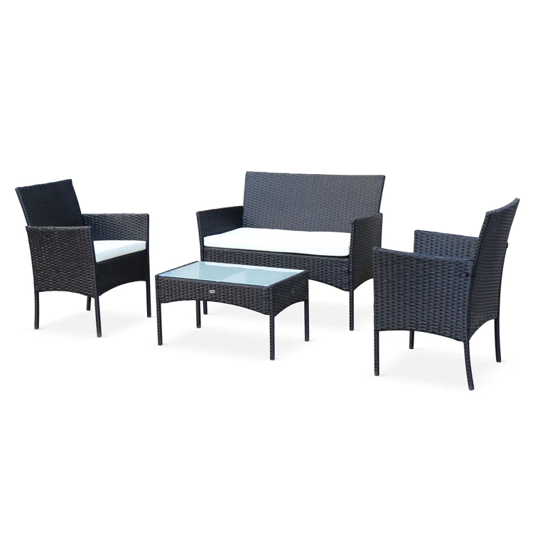 Black Nordic Garden Furniture Rattan Sofa Set Livingroom 4 Piece Patio Set Rattan Outdoor Furniture