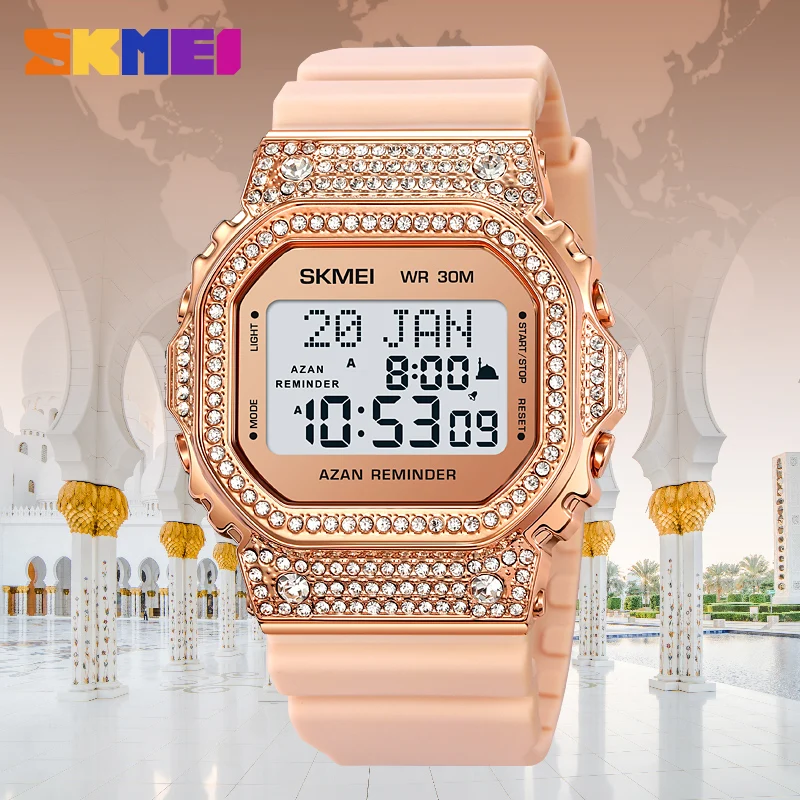 Skmei 2052 compass islamic al fajar Digital Stainless Steel Qibla Watch Azan Qibla muslim prayer time prayer watch
