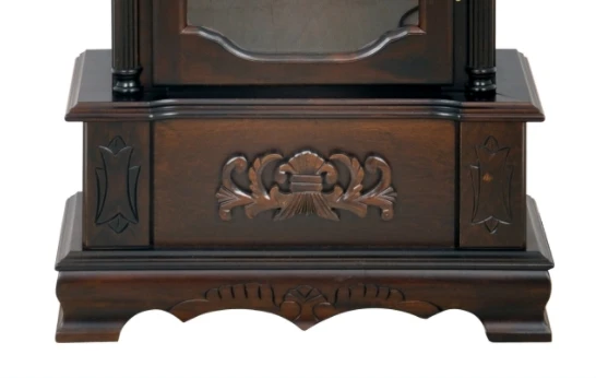 The graceful split pediment features a book-matched, olive ash burl overlay, a turned urn finial Wooden Floor Grandfather clock