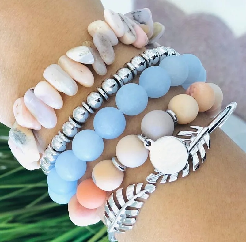 Silver Dusk Map Stone Jasper & Pink Zebra Jasper Leather Stacking Bracelet Set Best  Women Jewelry Perfect Birthday Gift