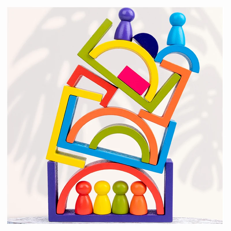 Wooden Rainbow Education Toys Play Stacking Game Learning Toy Geometry Building Blocks Rainbow Stacker Nesting Dolls PuzzleToys