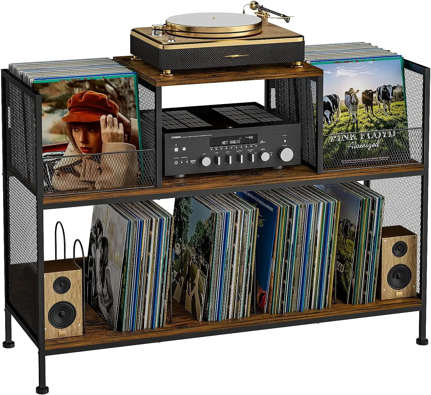 Album Display Table Caster Vinyl Record Palyer Storage Cabinet Rack Table Stand Cabinet Metal Wood End Table with Adjust Divider
