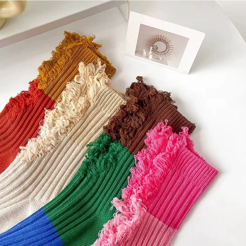 Wholesale Fashion Unique Ripped Distressed Patchwork novelty Women Street cotton Ribbed crew socks