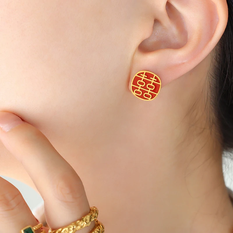 Festive red earrings Chinese stainless steel jewelry earrings