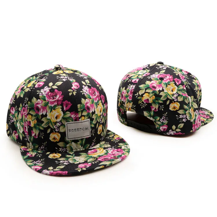 Mens Sublimation Printing Floral Baseball Hat Flat Brim satin lined Printing Floral Snap Back Cap Snapback With Woven Label