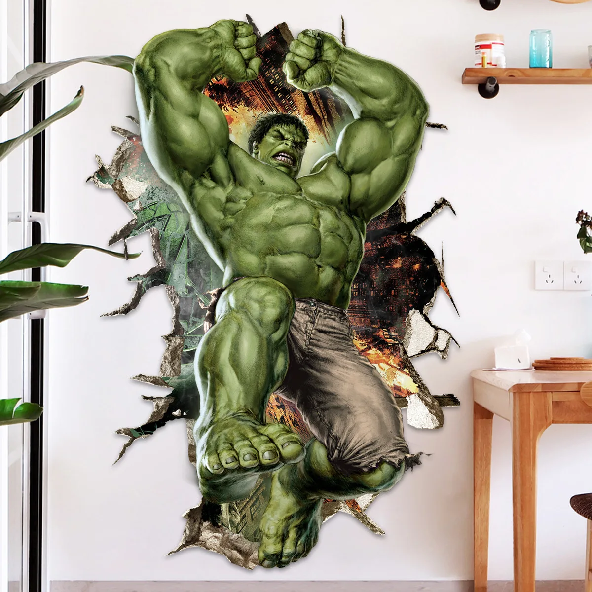 Super hero Super man broken wall to kids room 3d vinyl mural stickers home nursery decoration anime poster wallpaper 90*60cm