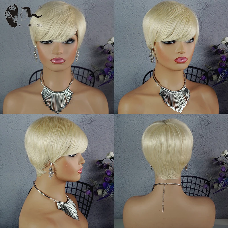 XISHIXIUHAIR Fashion blonde human hair bob wigs machine made cheap price pixie cut short hair wig 613 short wigs for black women