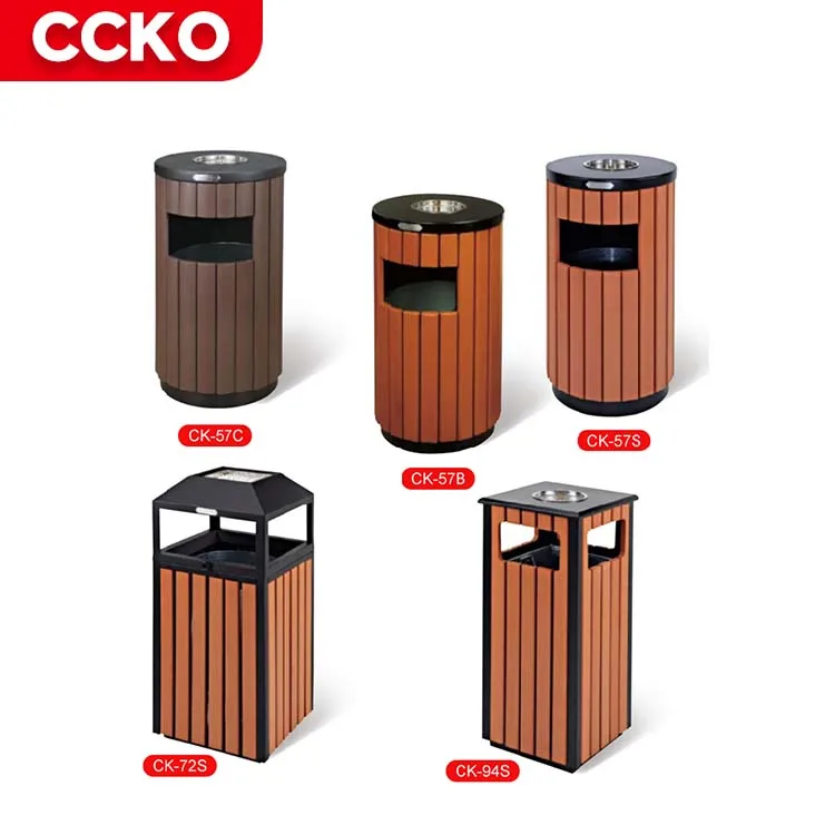 Brown Baking Paint Wood Grain Parks Streets Backyard Patio Garbage Bin Waste Bins Garbage Can Outdoor Trash Can With Top Tray