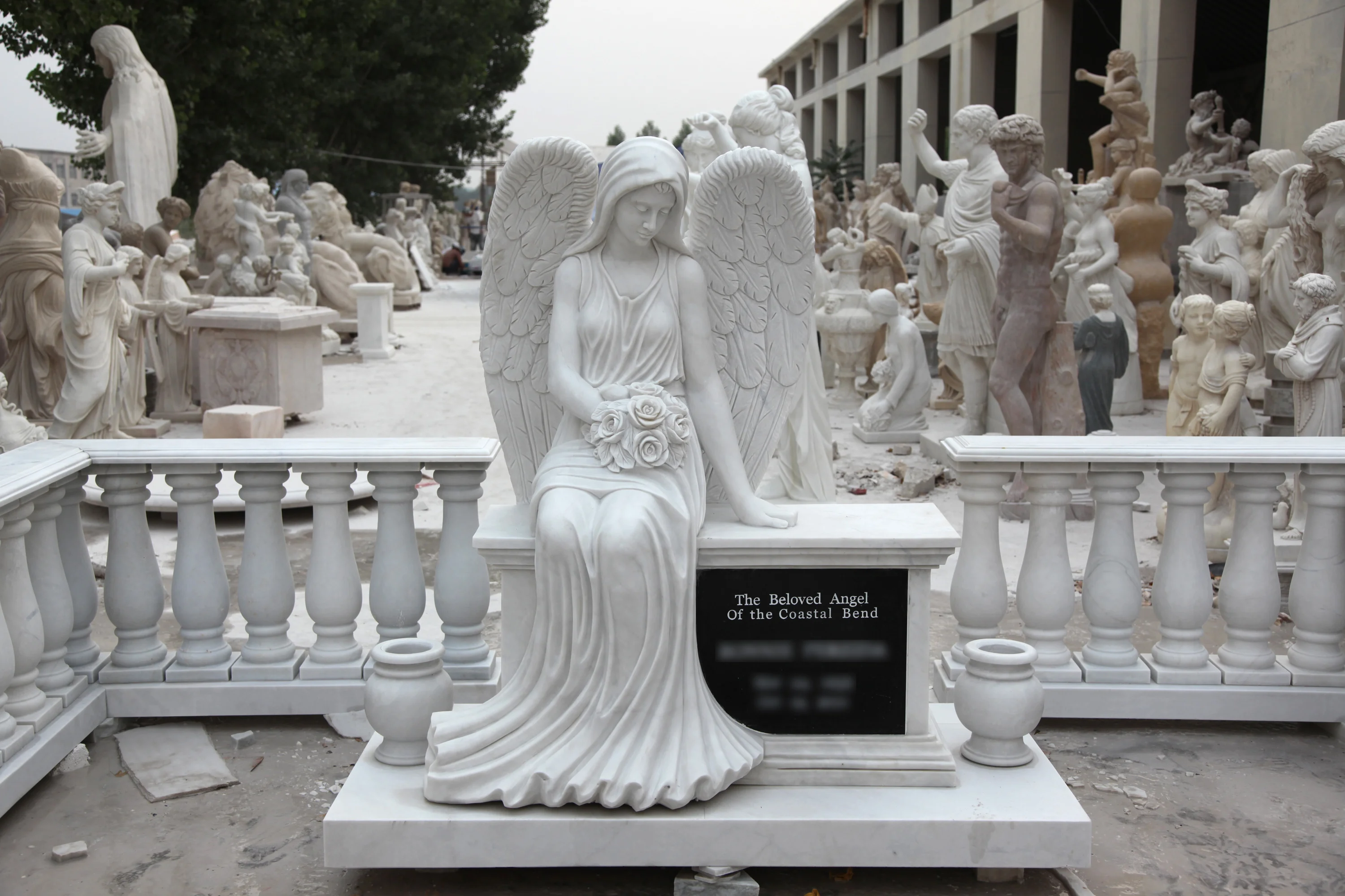 White Stone Sitting Angel Marble Cemetery Headstone Statue Sculpture Tombstone