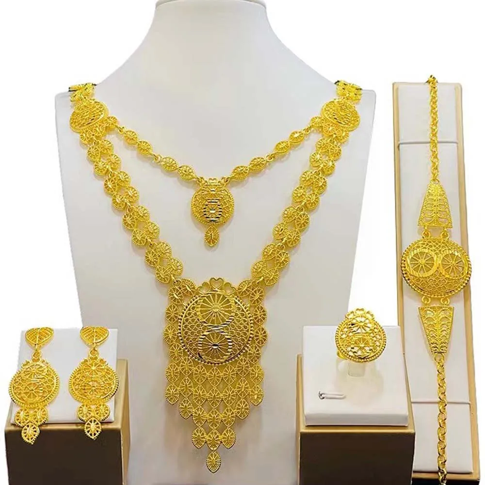 Plated Jewelry Set Women Necklace Bracelet Earrings Ring Fashion Jewelry Sets Gold Alloy 2023 Dubai Trendy Middle East Wedding