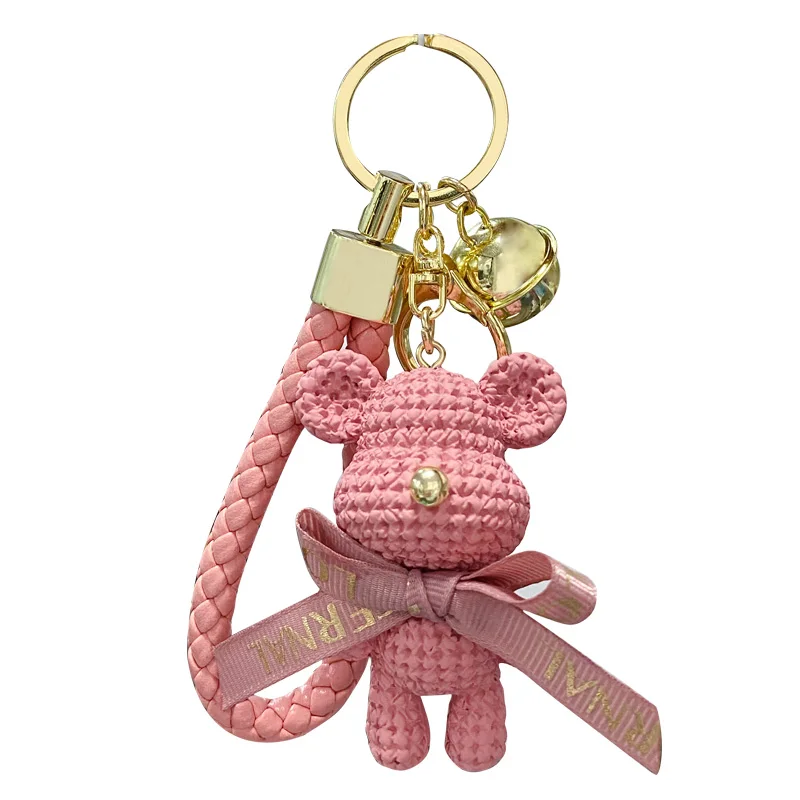 BaiMao weave teddy bear with tie bell pendant metal key ring 3d custom resin ribbon keychain