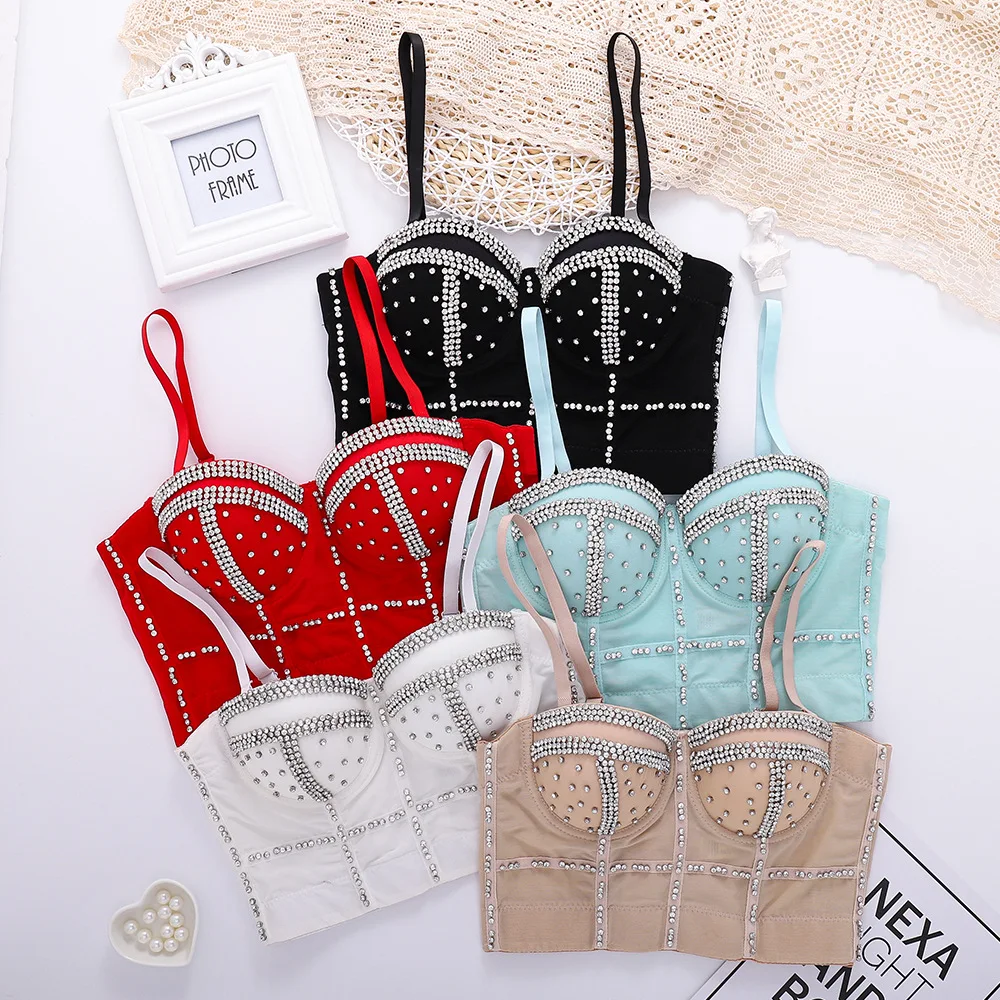 Sexy slim women push up camisole vest rhinestone camisoles  with built in bra for show belly