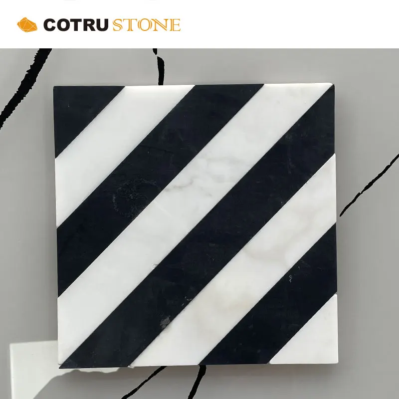 Xiamen stone White and black Mixed Luxury Lobby floor Natural Marble Stripe Mosaic Customized Tiles Price
