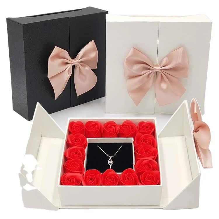 16 roses double door jewelry box bowknot eternal Life flower lipstick box jewelry necklace box