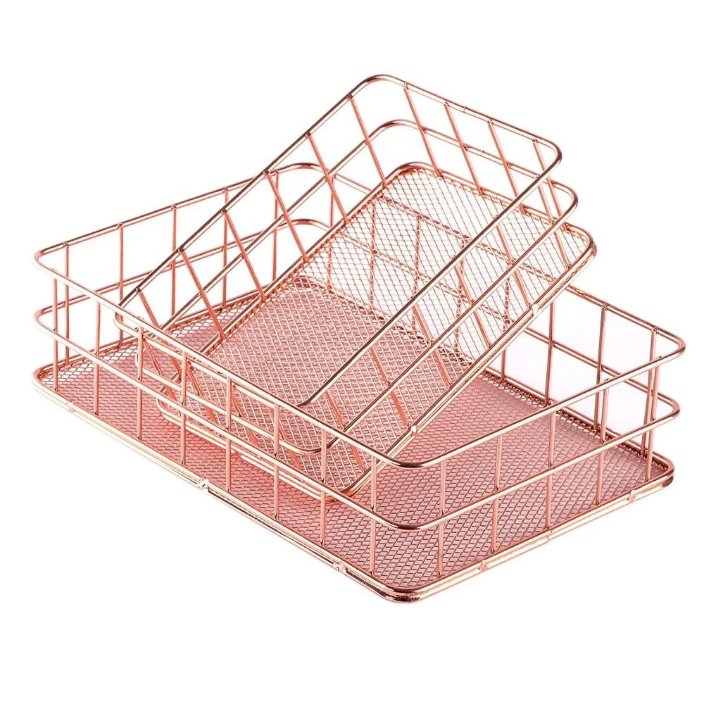 RTS 550-14B Nordic style rose gold wire mesh storage basket makeup brush organizer