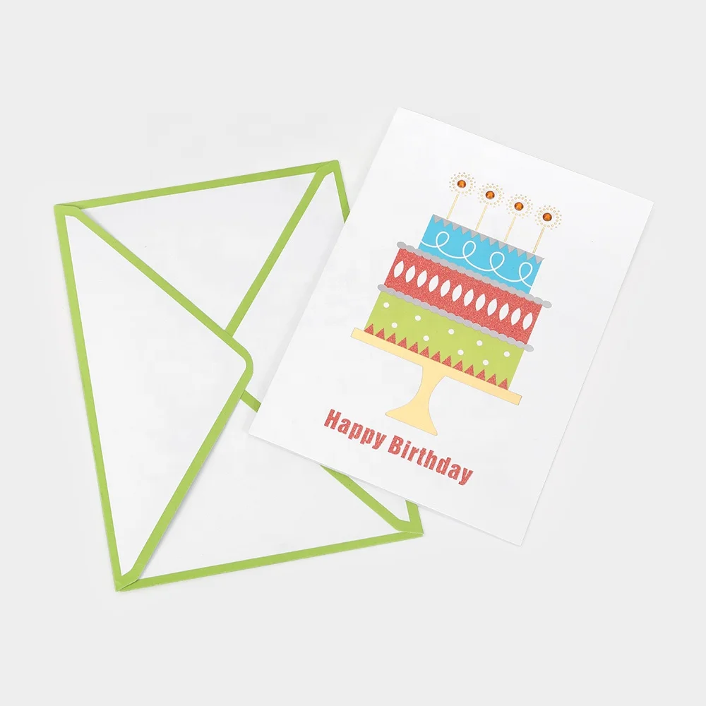 
Best Seller Luxury Gold and Holographic Foil Cake Happy Birthday Greeting Cards with Glitter 