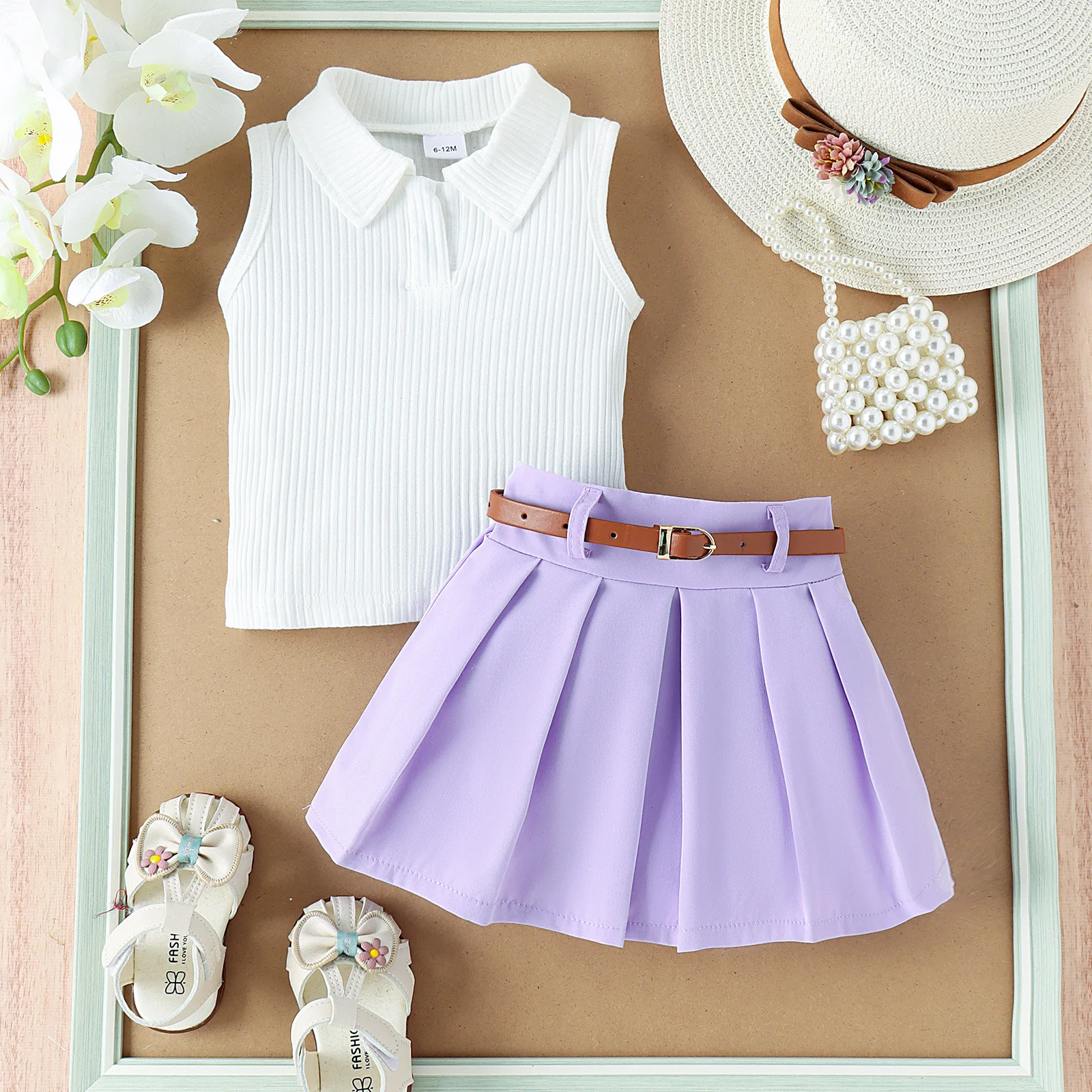 Summer Kids Fashion Clothes Sets Sleeveless Turn-down Collar Solid Vest Pleated Skirt With Belt Casual Outfit Kids Clothing
