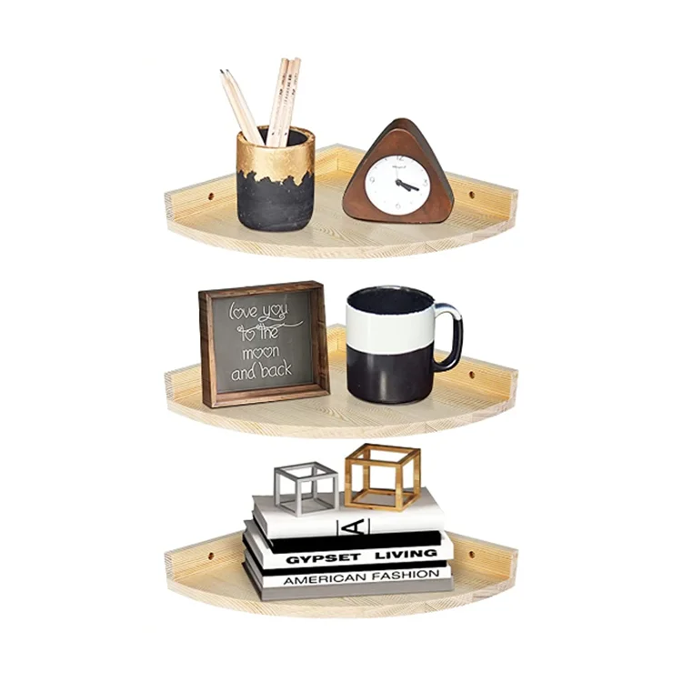 Custom cheap 3 pack wood wall-mounted bedroom storage shelves floating corner wall shelf