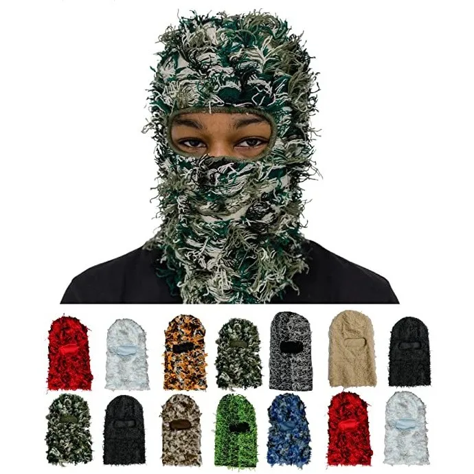 Wholesale Knitted Balaclava One Hole Full Face Wool Knitted Grassy Distressed Balaclava Ski Mask Hat