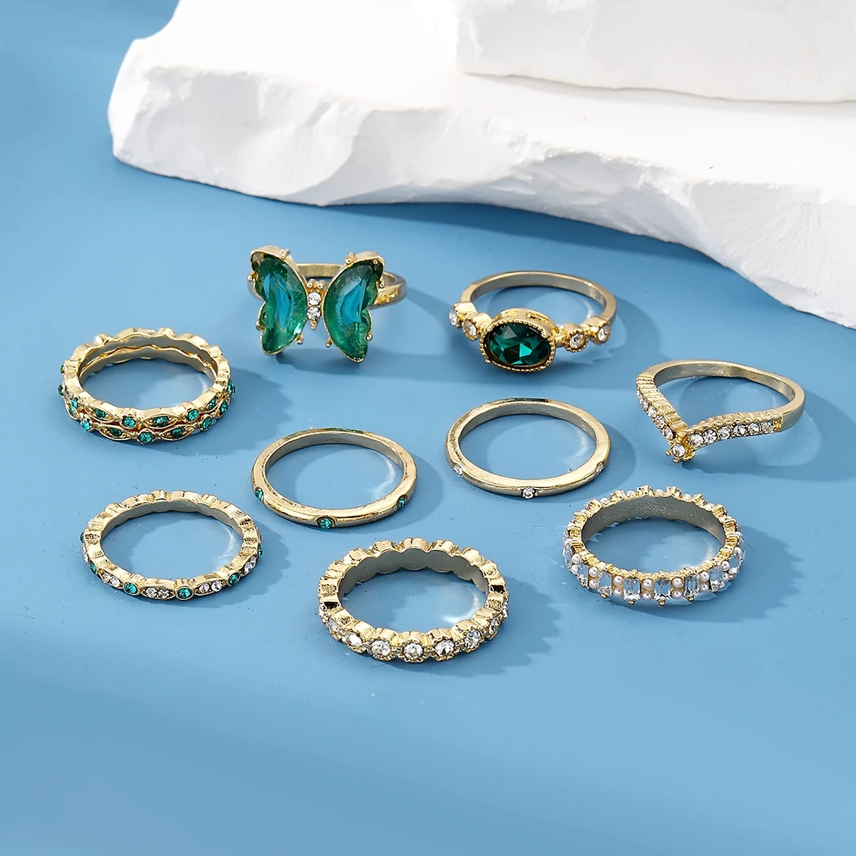 Wholesale New fashion green Stone butterfly snake Gold ring set for women Jewelry Heart Diamond Finger knuckle rings Set