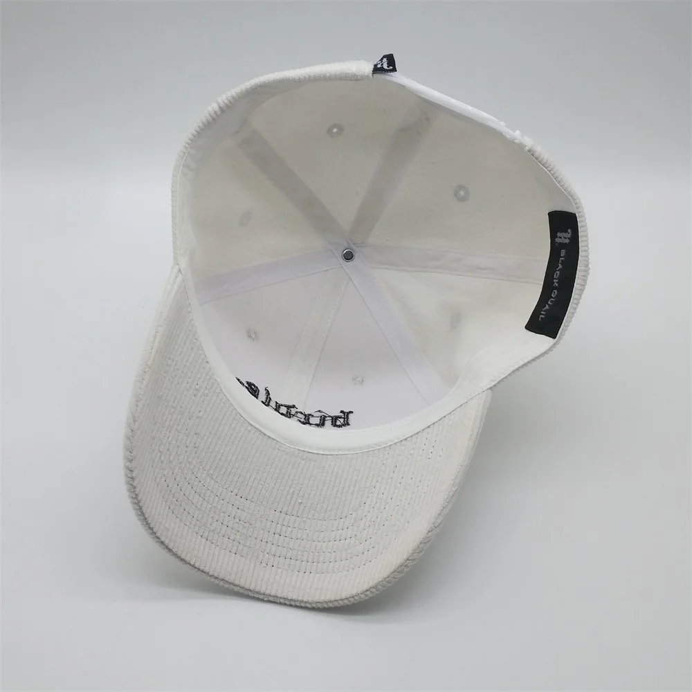 Custom 3D Embroidery Logo Plastic Strapback 6 Panel White Thick Corduroy Dad Baseball Hats Cap