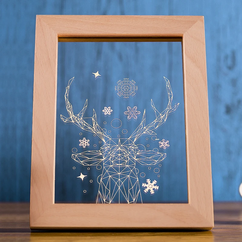 Craft Beech Wooden Foto Frame Lamp 3D Acrylic Wood LED Photo Frame Night Light