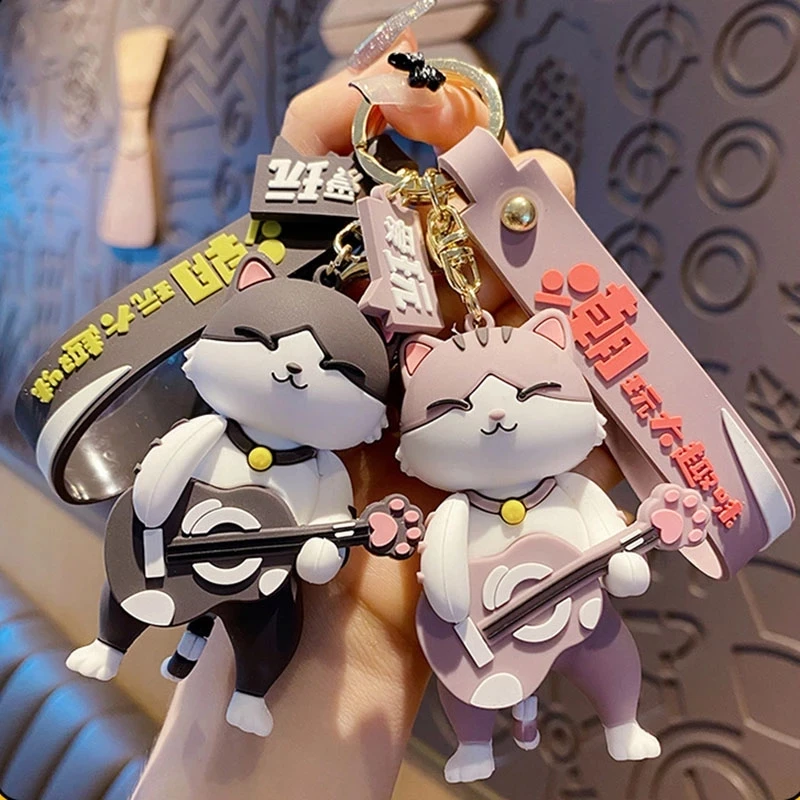 Creative Rock Music Cat Key Chain Cartoon Tide Playing Guitar Standing Cat Animal Keychains for Women Bag Pendant Keyring Gifts
