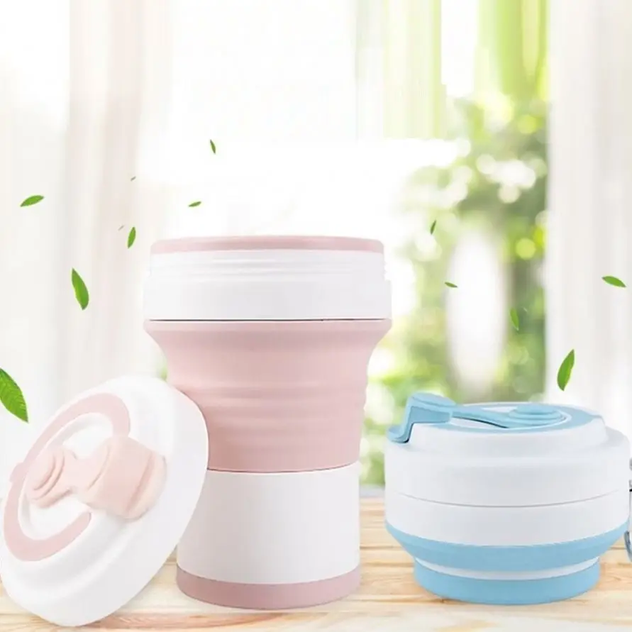 Custom Modern Gift Ecofriendly OEM Unique Folding Collapsible Silicone Reusable Set Travel Tea Tumbler Coffee Cup Mug With LOGO