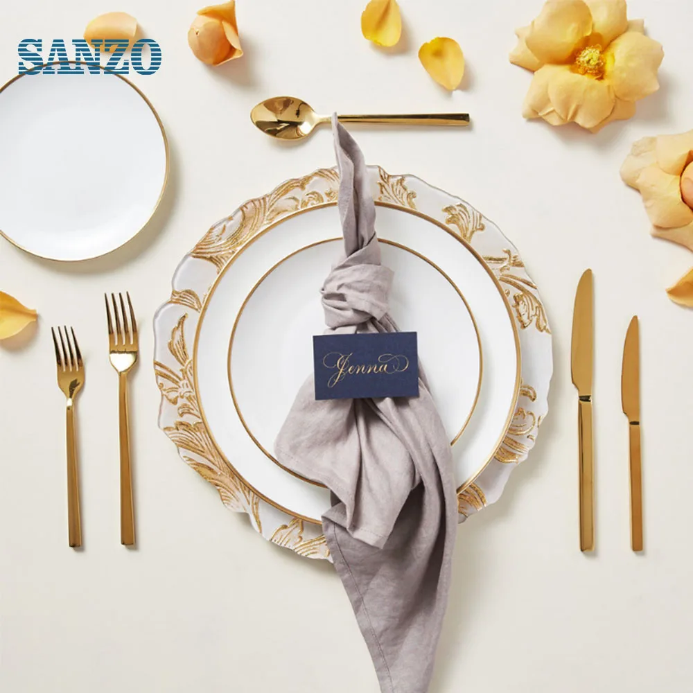 Fine Gold Rim White Ceramic Dish Porcelain Bone China Dinnerware Plates Set