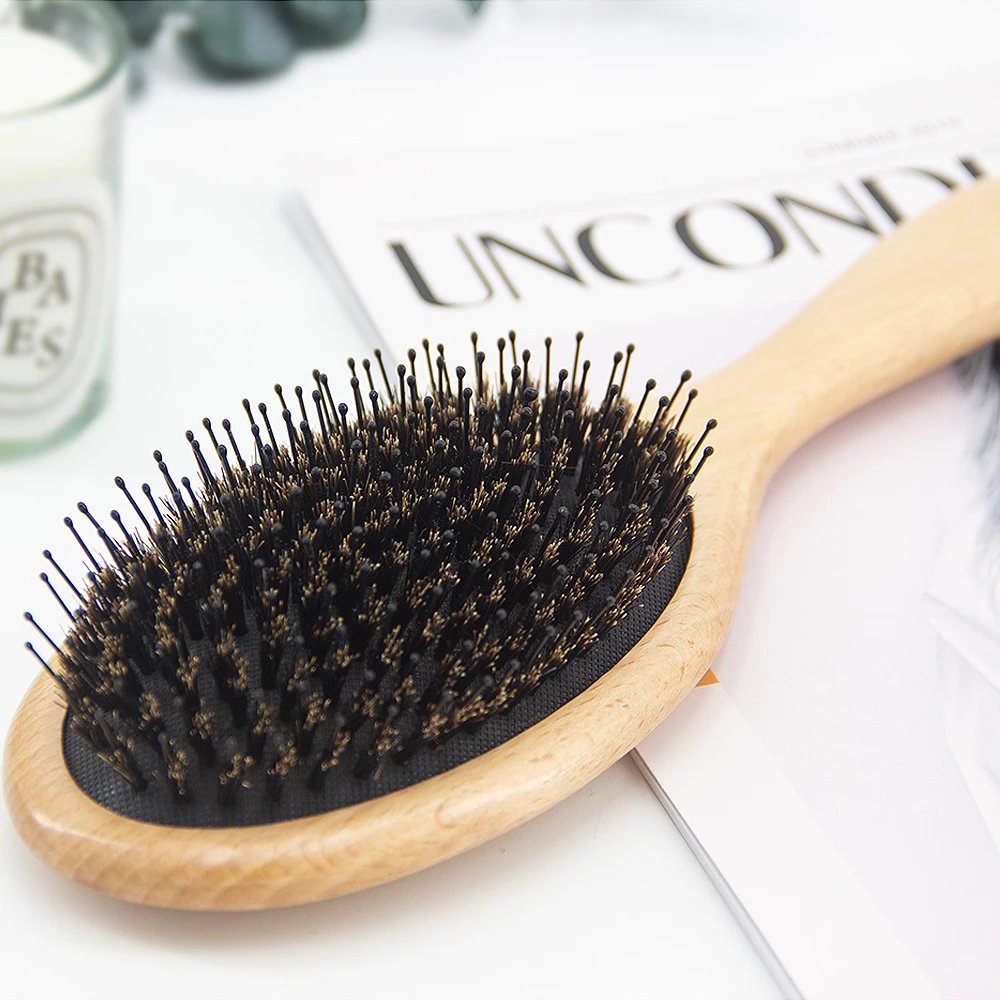 Frosted Black Boar Bristle Nylon Paddle Brush Wild Boar Bristle Extension Brush