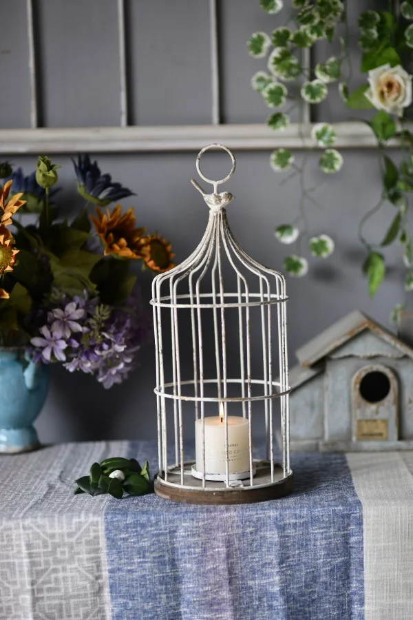 Luxury Hanging Design Iron Candlestick Ornament Creative Birdcage Retro Wooden Tray Candle Base Moroccan Lantern