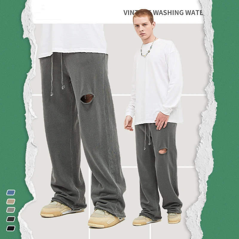 2022 New High Street Custom Logo Knit Trousers Pants Washed Old Ripped Loose Edge Blank Sweatpants Men