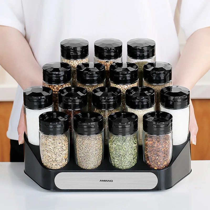 Premium Quality Modern Countertop Spice Rack Organizer with 16-Glass Jars with PP Rack for Solid Spice