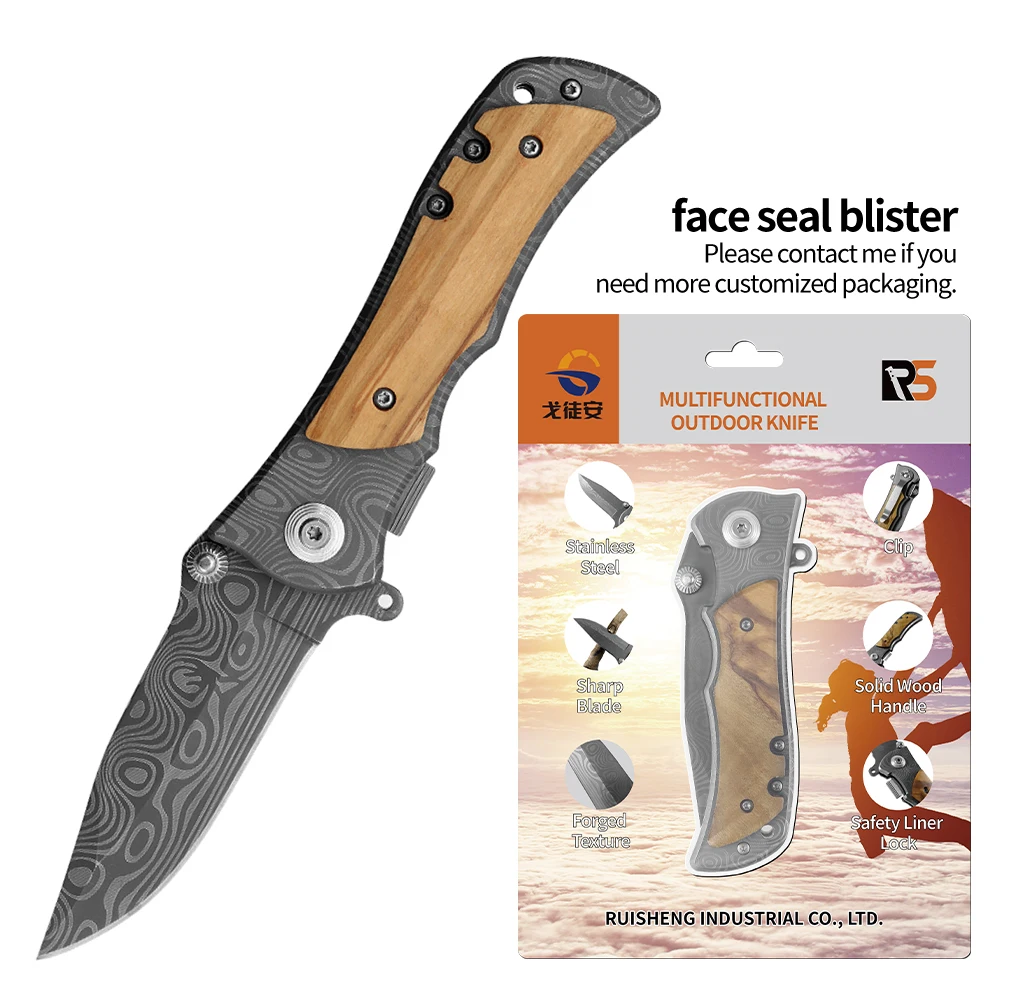 Hot Sale Custom Engraved Olive Wood Handle Outdoor Camping Hunting Custom Folding Pocket Knife