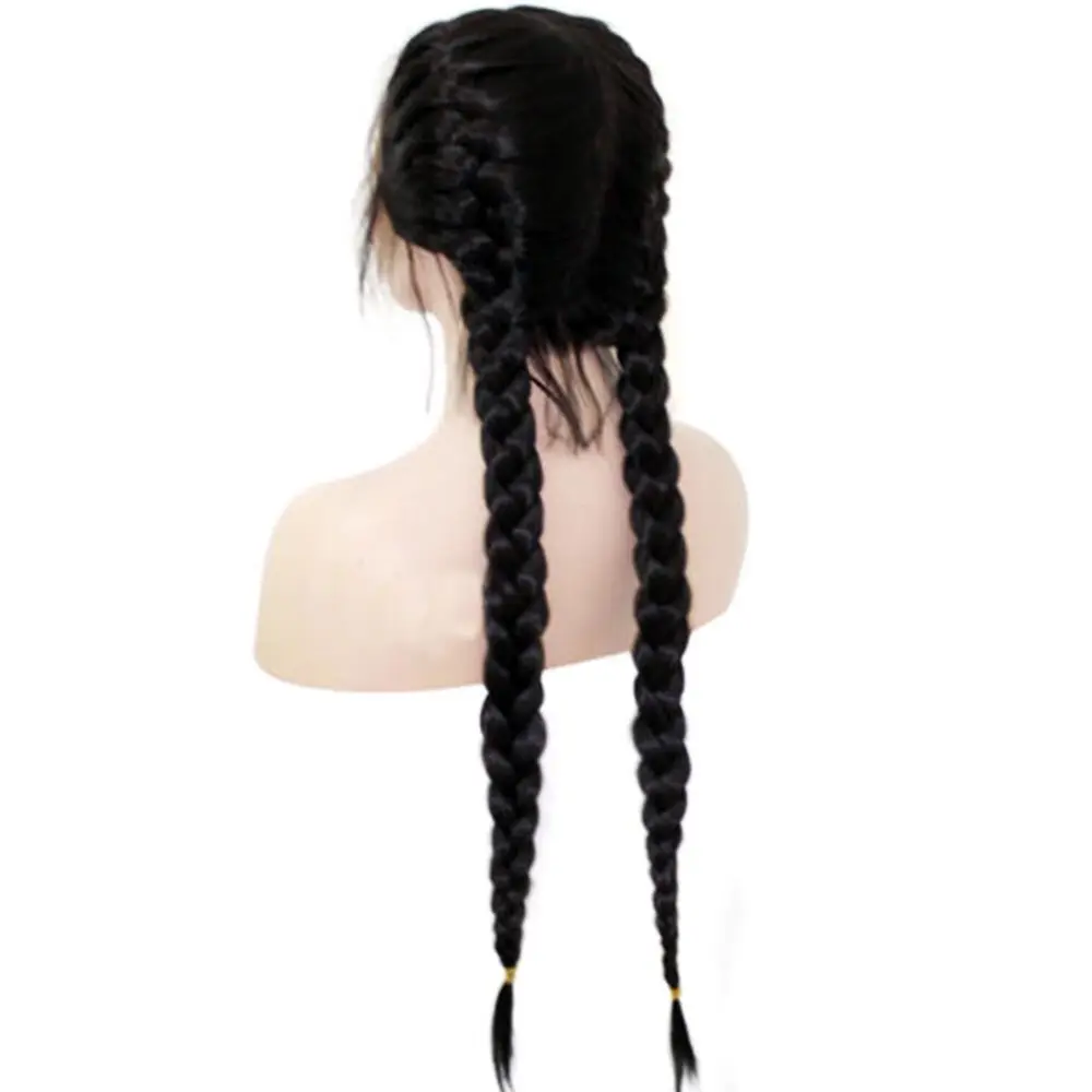 Ladies Fashion Black Double Ponytail Braid Front Lace Braided Wigs Chemical Fiber Headgear Plait Women Wig