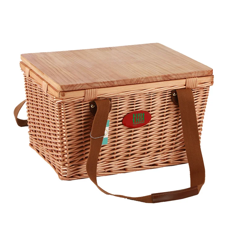 Wholesale OEM outdoor Camping handmade wooden basket rattan basket picnic basket with lid