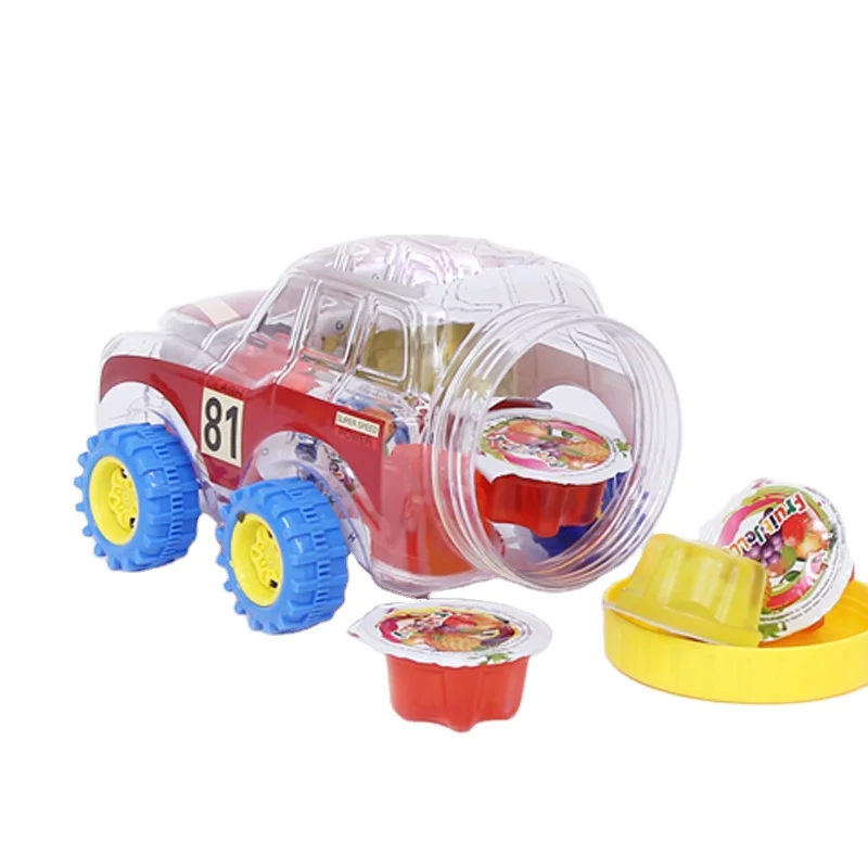 HALAL Fruit Jelly Kids Favorite Jelly Candies Assorted Flavors in Toy Car Jar 32g Jelly Cup Vegan Snacks