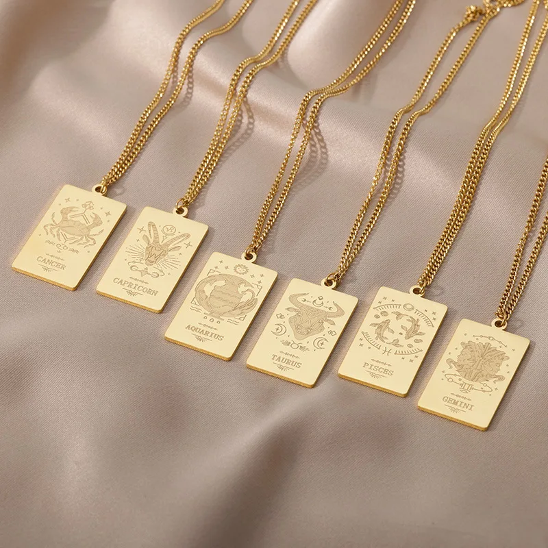 Stainless Steel 18K Gold Plated Necklaces 12 Horoscope Engraved Zodiac Tarot Cards Stamp Square Pendant Necklace Women Jewelry